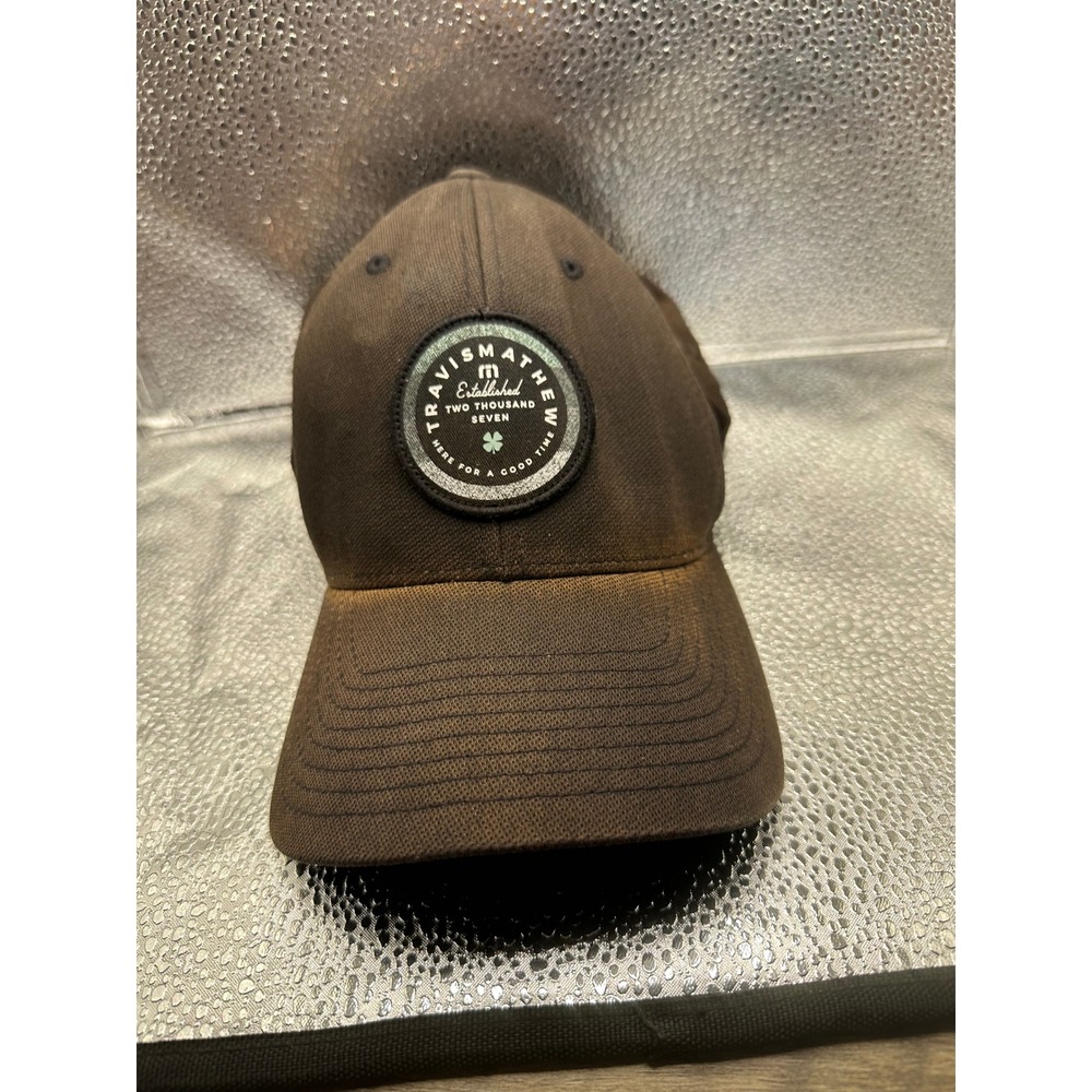 TravisMathew Golf Hat Mens Brown Flexfit 110 Snapback Clover Patch Distressed